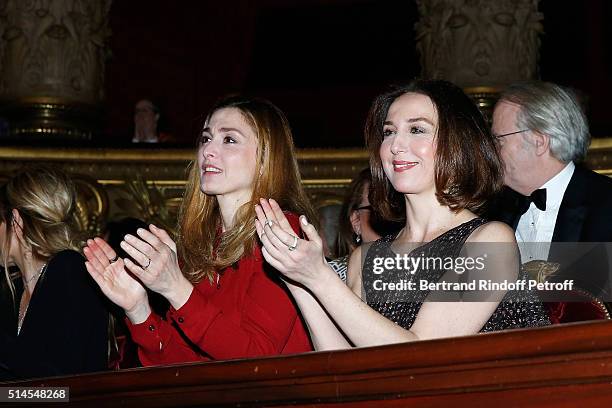 Julie Gayet and Elsa Zylberstein attend the Arop Charity Gala At the Opera Garnier under the auspices of Madam Maryvonne Pinault on March 9, 2016 in...