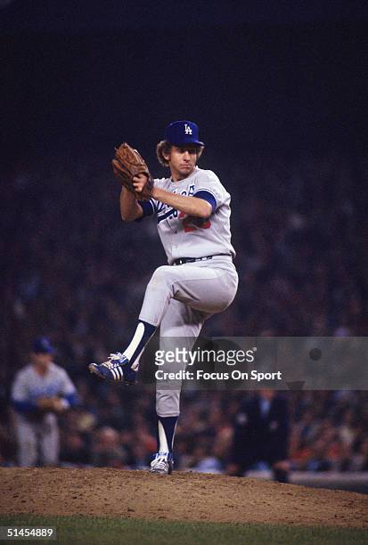 Don Sutton of the Los Angeles Dodgers winds up for a pitch against the New York Yankees during the World Series at Yankee Stadium in Bronx, NY in...