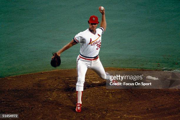 Pitcher Jim Kaat of the St. Louis Cardinals pitches during the World Series against the Milwaukee Brewers at Busch Stadium on October 1982 in St....