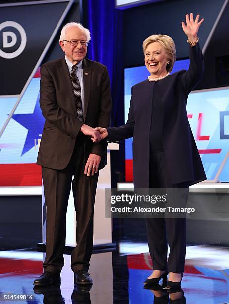 Democratic presidential candidates Senator Bernie Sanders and Democratic presidential candidate Hillary Clinton are seen before the Univision News...