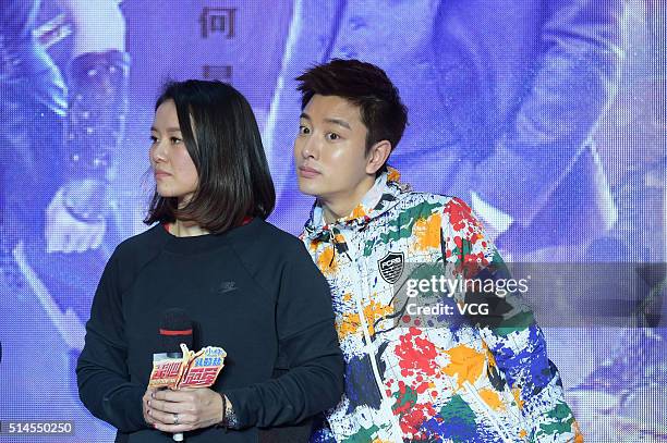 Chinese retired tennis player Li Na and actor Jia Nailiang attend the press conference of Zhejiang TV variety show "Beat the Champions" on March 9,...