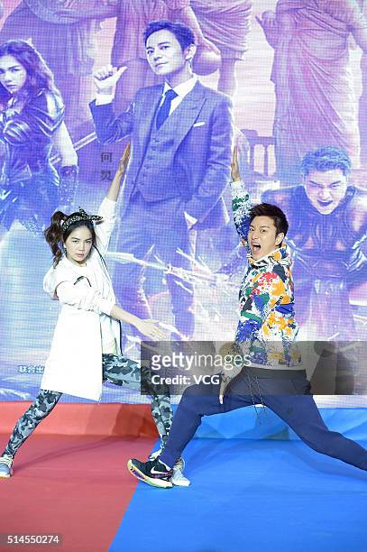 Singer Ella Chen of girl group S.H.E. And actor Jia Nailiang attend the press conference of Zhejiang TV variety show "Beat the Champions" on March 9,...