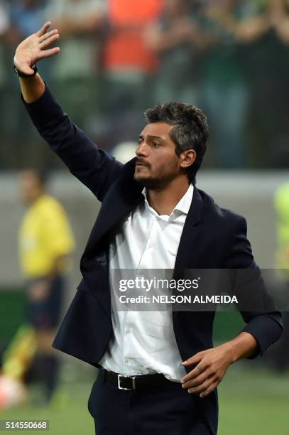 Uruguay's Nacional team coach Gustavo Munua gestures during the 2016 Copa Libertadores football match against Brazil's Palmeiras held at Allianz...