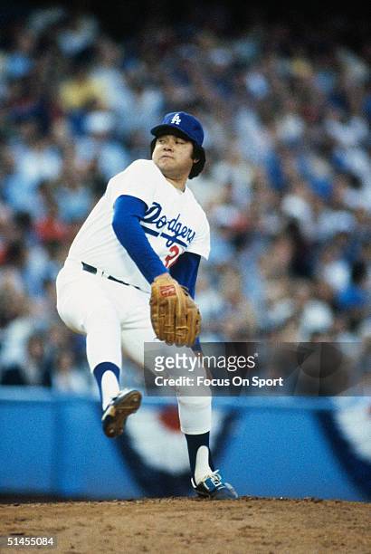 Pitcher Fernando Valenzuela of the Los Angeles Dodgers pitches against the New York Yankees during Game 3 of the 1981 World Series at Dodger Stadium...