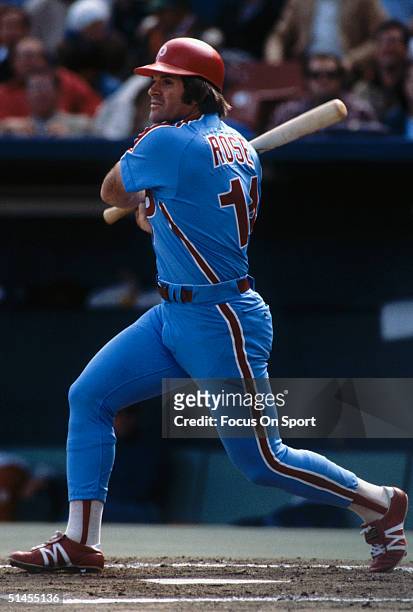 Pete Rose of the Philadelphia Phillies swings during the World Series against the Kansas City Royals at Royals Stadium in Kansas City, Missouri in...
