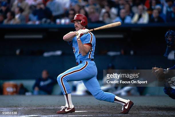 Mike Schmidt of the Philadelphia Phillies bats against the Kansas City Royals during the World Series at Royals Stadium in Kansas City, Missouri in...
