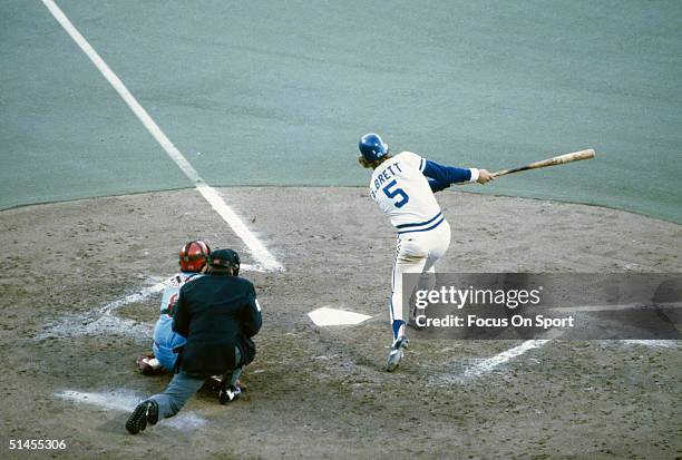 George Brett of the Kansas City Royals bats against the Philadelphia Phillies during the World Series at Royals Stadium in Kansas City, Missouri in...