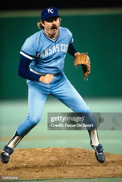 Dan Quisenberry of the Kansas City Royals pitches against the Philadelphia Phillies during the World Series at Veterans Stadium in Philadelphia,...