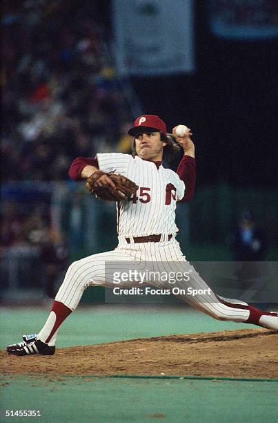 Tug McGraw of the Philadelphia Phillies pitches during the World Series against the Kansas City Royals at Veterans Stadium in Philadelphia,...