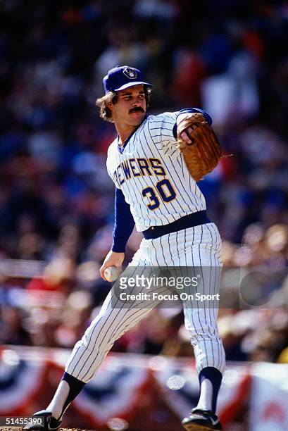 Moose Haas of the Milwaukee Brewers pitches during the World Series against the St. Louis Cardinals at County Stadium in October 1982 in Milwaukee,...