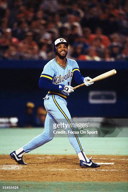 Cecil Cooper of the Milwaukee Brewers bats during the World Series against the St. Louis Cardinals at Busch Stadium in October 1982 in St. Louis,...