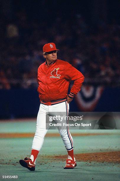 Manager Whitey Herzog of the St. Louis Cardinals walks back to the dugout during the World Series against the Milwaukee Brewers at Busch Stadium in...