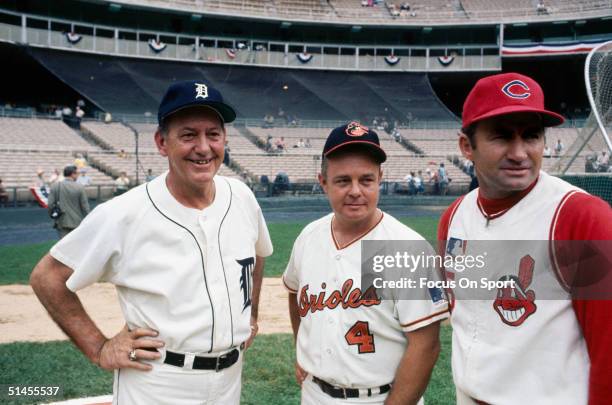 Mayo Smith of the Detroit Tigers, Earl Weaver of the Baltimore Orioles and Alvin Dark of the Cleveland Indians pose together before the All-Star Game...