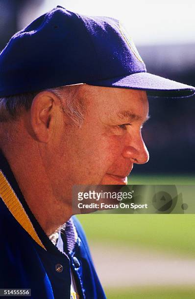 Harvey Kuenn manager for the Milwaukee Brewers watches the field during the World Series against the St. Louis Cardinals at County Stadium in October...