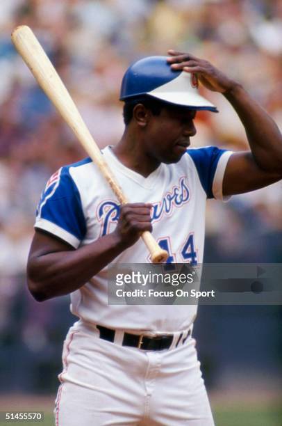 Outfielder Hank Aaron of the Atlanta Braves steps to the plate at Atlanta-Fulton County Stadium during a circa 1970s game in Atlanta, Georgia.