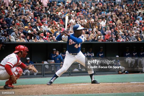 Outfielder Hank Aaron of the Atlanta Braves bats during a circa 1970s game against the Cincinnati Reds at Riverfront Stadium in Cincinnati, Ohio.