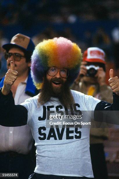 Rollen Stewart, nicknamed "Rainbow Man", appears during the World Series between the St. Louis Cardinals and Milwaukee Brewers in October of 1982.