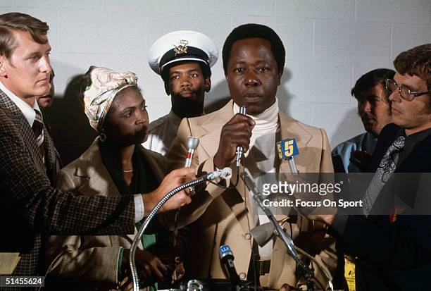 Outfielder Hank Aaron of the Atlanta Braves during a press conference during the 1970s.
