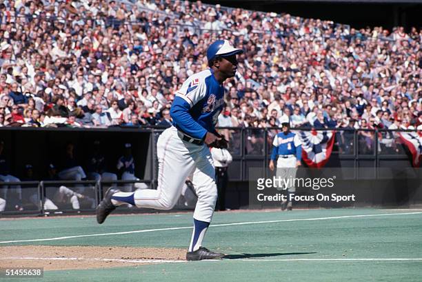 Outfielder Hank Aaron of the Atlanta Braves heads to first base during the 1970s.