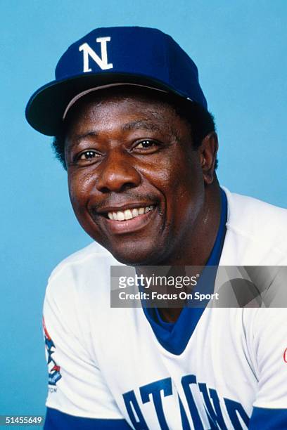 Outfielder Hank Aaron of the Atlanta Braves poses for a circa 1970s portrait in his National League All Stars uniform.