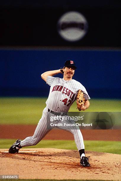 Jack Morris of the Minnesota Twins pitches against the Atlanta Braves during Game four of the 1991 World Series at Fulton County Stadium on October...