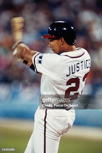 David Justice of the Atlanta Braves bats against the Minnesota Twins during the World Series at Fulton County Stadium in Atlanta, Georgia in October...