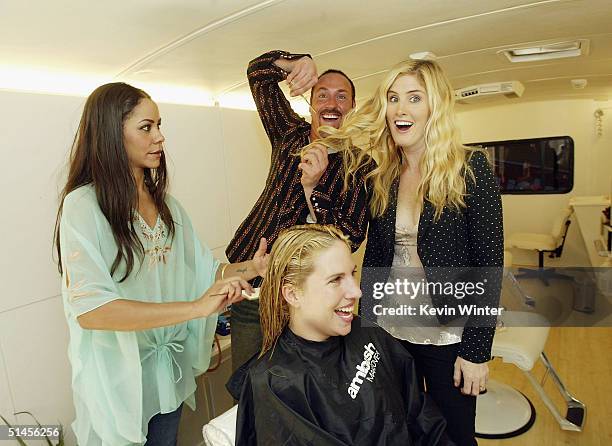 Celebrity stylists Gigi Berry , William Whatley and Mary Alice Haney work on an ambushed Barbara O'Toole at Ambush Makeover's "Its A Whole New Bus...