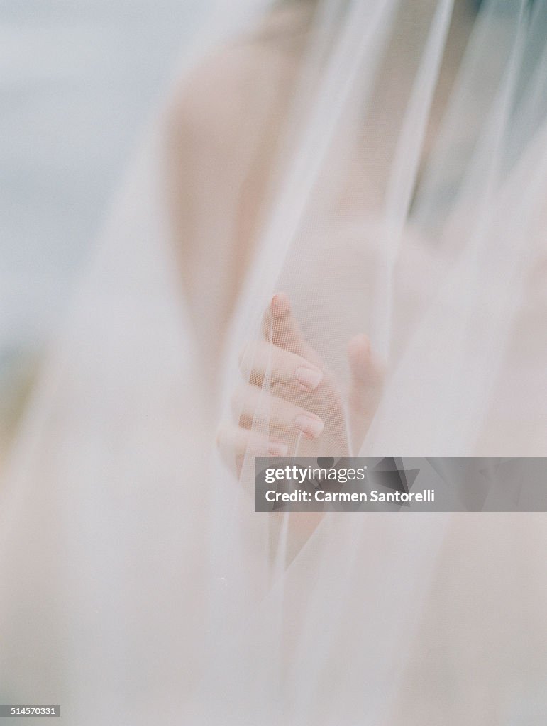 Delicate Bride Hand Reaching Through Veil