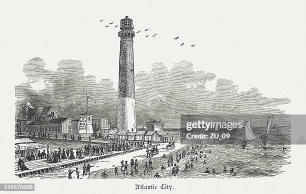 ilustraciones, imágenes clip art, dibujos animados e iconos de stock de atlántico ciudad, nuevo jersey, eua, grabado en madera, publicado 1880 - atlantic city
