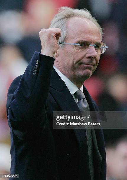 Manager Sven Goran Eriksson of England celebrates after the England v Wales World Cup qualifier at Old Trafford on 9 October 2004 in Manchester,...