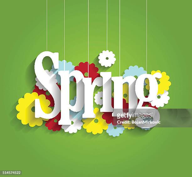 spring poster. hanging letters on green background - buy single word stock illustrations
