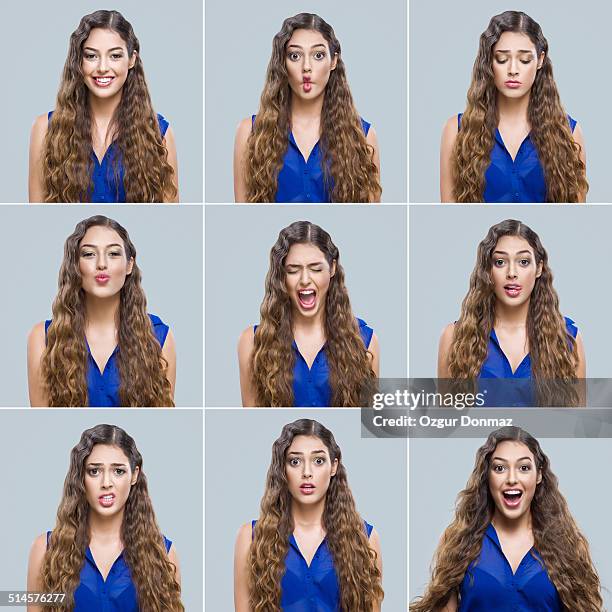 young woman making facial expressions - multiple images different expressions stock pictures, royalty-free photos & images