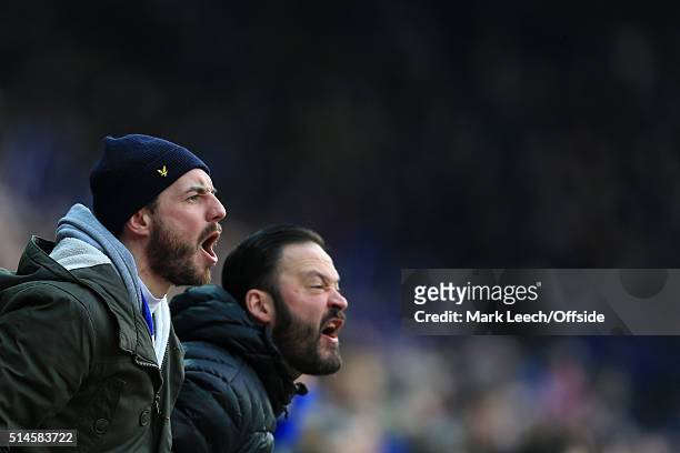 Leicester fans shout encouragement during the Barclays Premier League match between Leicester City and Norwich City at the King Power Stadium on...
