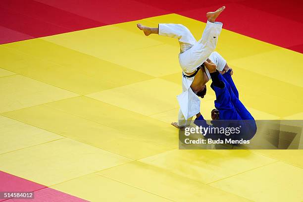 Luiz Junior of Brazil fights with Edu Ramos of Brazil during the -81kg category men at the International Judo Tournament - Aquece Rio Test Event for...