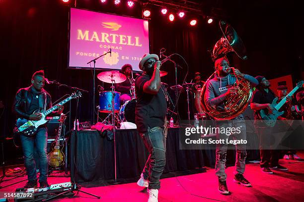 Captain Kirk Douglas, Questlove, Black Thought and Tuba Gooding, Jr of The Roots perform during the Martell Vanguard Experience event at Garden...