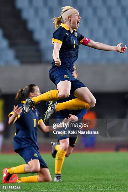 Captain Clare Polkinghorne of Australia celebrates her team's qualification for the Rio de Janeiro Olympic after her team's 2-1 win in the AFC...