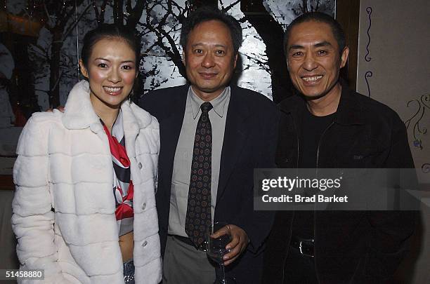 Actress Zhang Ziyi, Director Ang Lee and Zhang Yimou arrive to the Salvatore Ferragamo and Sony Pictures Classics Celebrate "House Of Flying Daggers"...