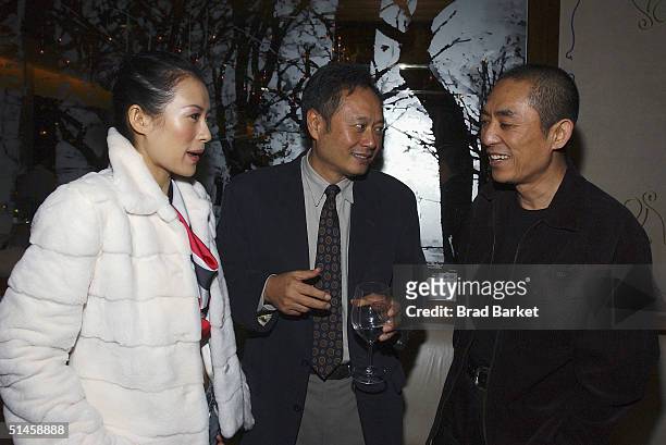 Actress Zhang Ziyi, Director Ang Lee and Zhang Yimou arrive to the Salvatore Ferragamo and Sony Pictures Classics Celebrate "House Of Flying Daggers"...