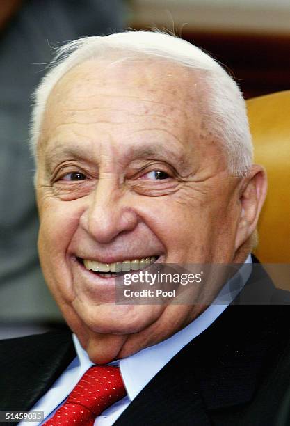 Israeli Prime Minister Ariel Sharon smiles at the weekly cabinet meeting October 10, 2004 in Jerusalem, Israel. Sharon claimed that the bomb attacks...