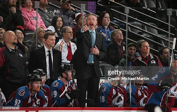 Head coach Patrick Roy of the Colorado Avalanche directs his team during the game against the Anaheim Ducks at the Pepsi Center on March 9, 2016 in...