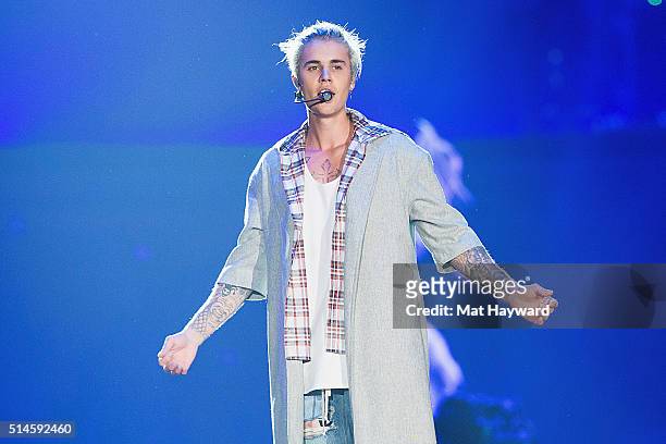 Justin Bieber performs on stage during opening night of the 'Purpose World Tour' at KeyArena on March 9, 2016 in Seattle, Washington.
