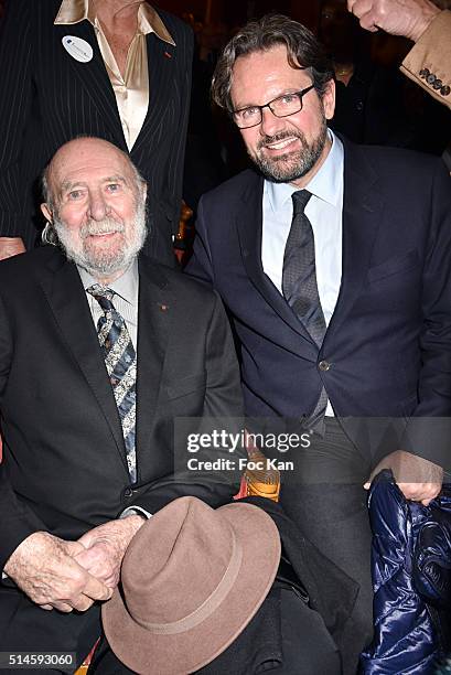 Jean Pierre Marielle and politician Frederic Lefebvre attend the 10th "Rein Foundation Gala" At Theatre des Champs Elysees on March 9, 2016 in Paris,...