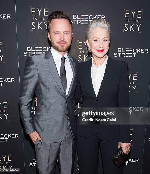 Actors Aaron Paul and Helen Mirren attend the 'Eye In The Sky' New York premiere at AMC Loews Lincoln Square 13 theater on March 9, 2016 in New York...