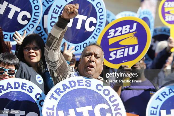 Members of Hotel Trades Council and 32 BJ of the Service Employees International Union enthuse the mayor's comments. NYC mayor Bill de Blasio...