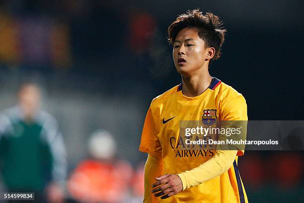 Seungwoo Lee of Barcelona looks on during the UEFA Youth League Quarter-final match between Anderlecht and Barcelona held at Van Roy Stadium on March...