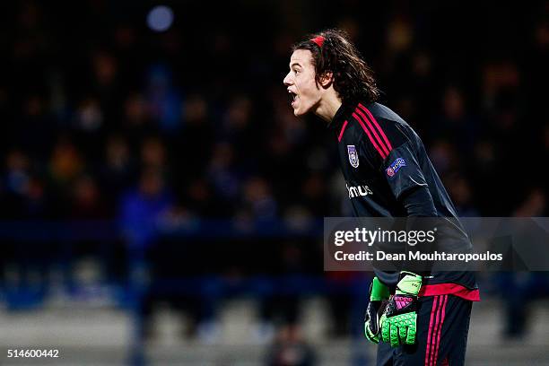 Goalkeeper, Mile Svilar of Anderlecht shouts instructions to his defence during the UEFA Youth League Quarter-final match between Anderlecht and...