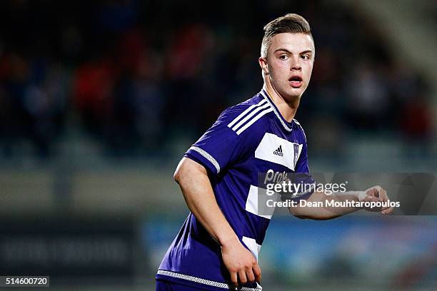 Jorn Vancamp of Anderlecht in action during the UEFA Youth League Quarter-final match between Anderlecht and Barcelona held at Van Roy Stadium on...