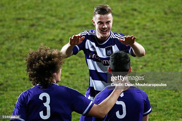 Jorn Vancamp of Anderlecht celebrates after he chests the ball into the goal from the corner taken by Tony Amrani past goalkeeper, Andreu Cases...