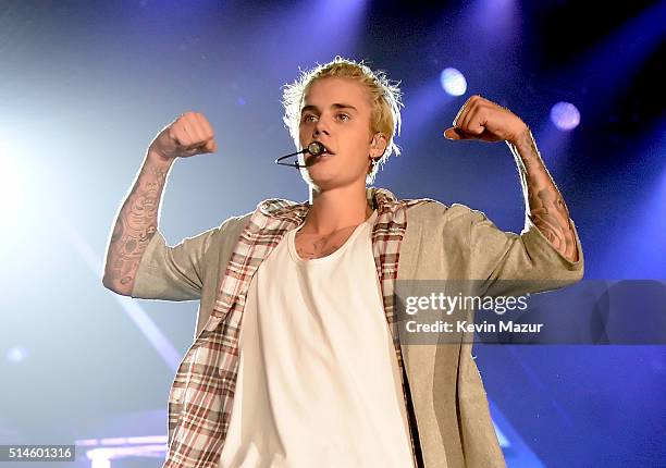 Singer/songwriter Justin Bieber performs onstage at KeyArena on March 9, 2016 in Seattle, Washington.