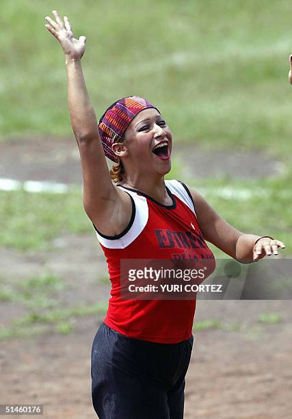 Guatemalan footballer Valeria of the female soccer team "Estrellas de la Linea" , constituted by prostitutes, celebrates after scoring against...